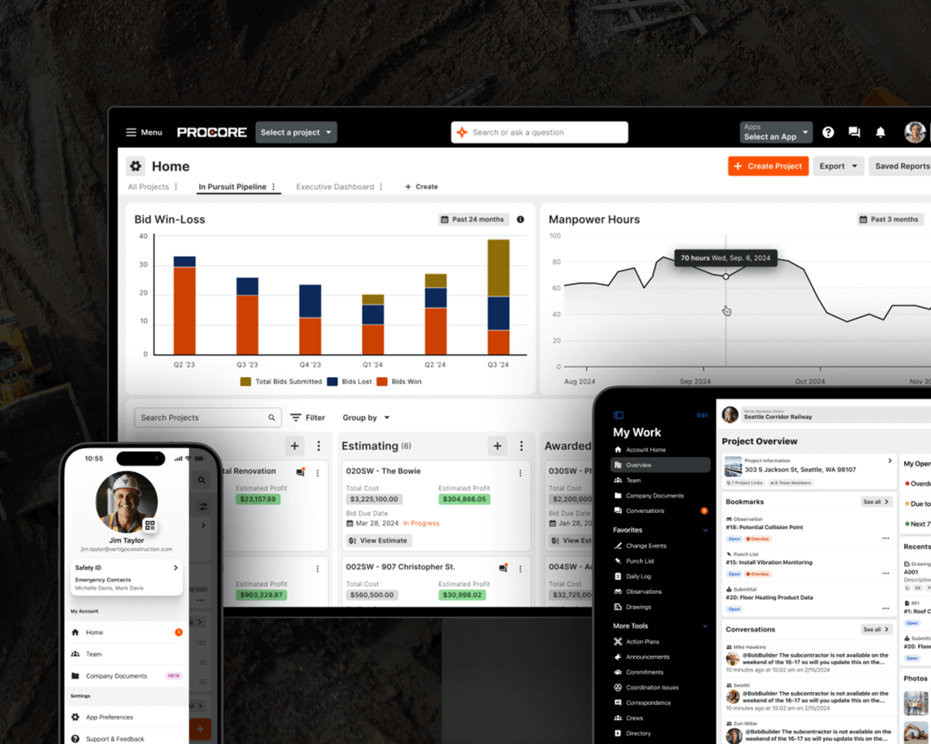 Web and mobile app development mockup for Procore.